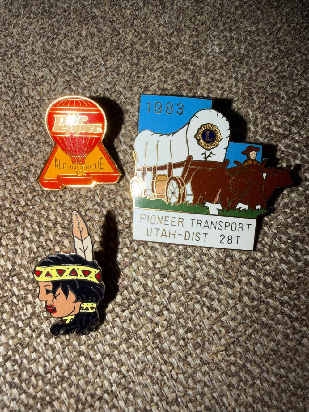 Vintage enamel Pins, Native American girl, 92’ Dr. pepper, 1983 pioneer lions